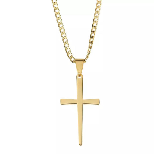 Stainless Steel, Gold Plated Taper Cross Necklace, 24" Chain