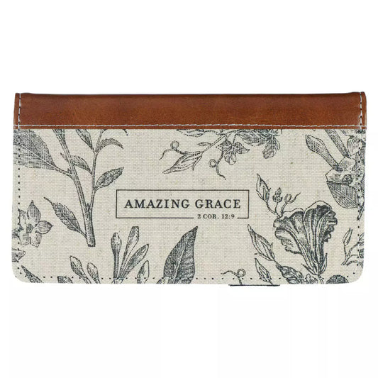 Amazing Grace Natural Canvas and Faux Leather Checkbook Wallet - 2 Corinthians 12:9