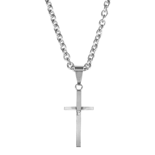 Stainless Steel Curve Cross Necklace with Stone, 18" Chain