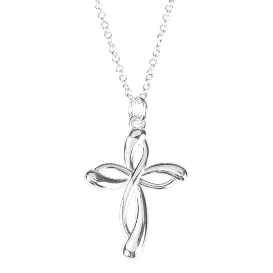 Open Ribbon Cross Silver Necklace, 18" Chain
