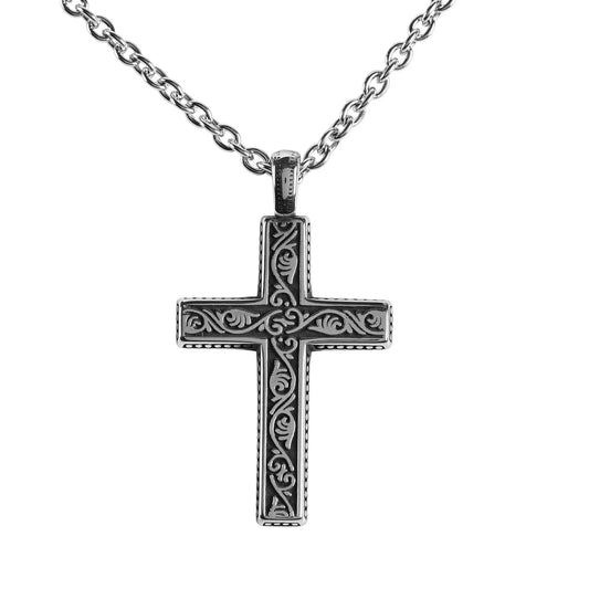 Swirls Antiqued Cross Necklace, 24" Chain