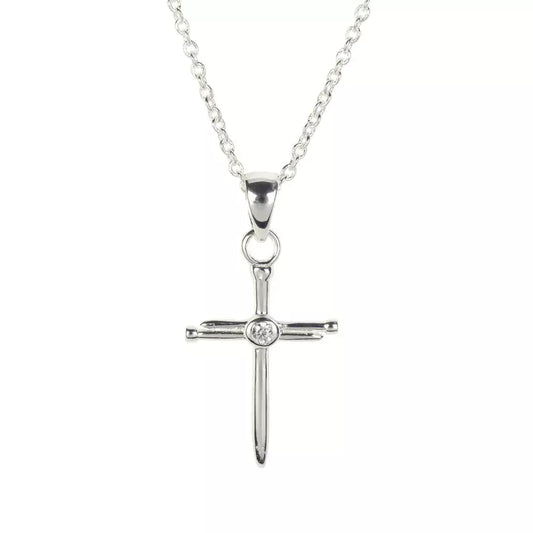 Nail Cross Silver W/ CZ Necklace, 18" Chain