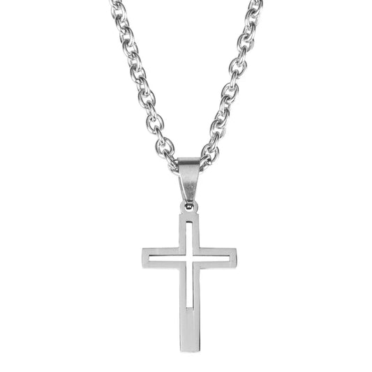 Cutout Box Cross Boy's Necklace, 18" Chain