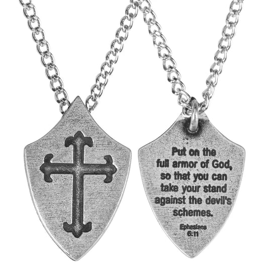 Pewter Shield Necklace, Ephesians 6:11, 24"Chain
