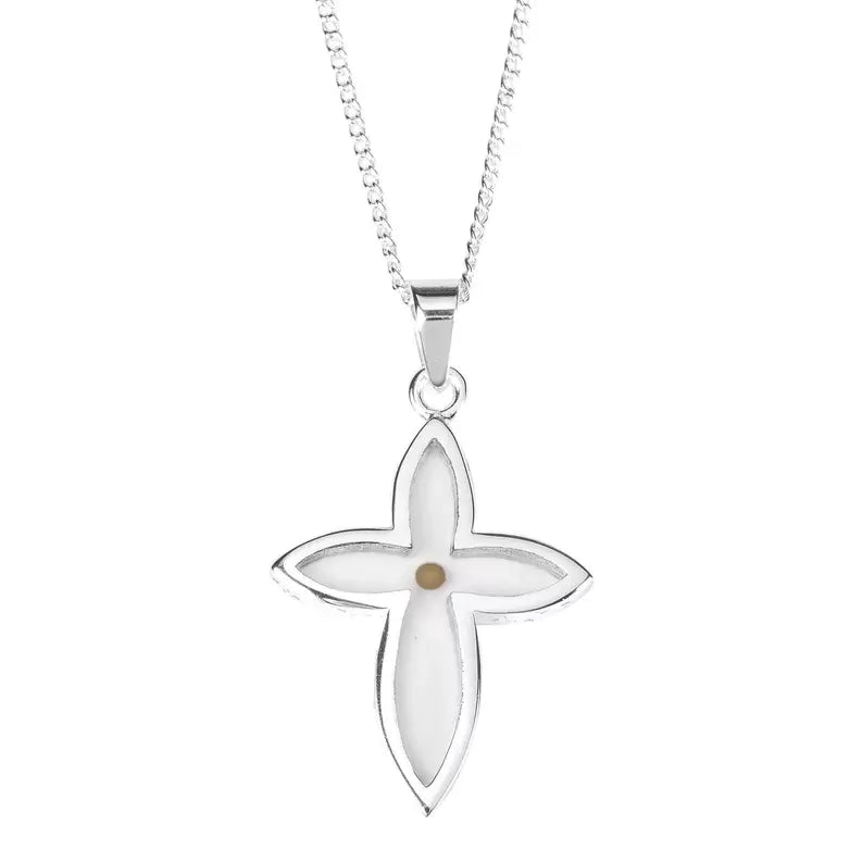 Silver Plated Mustard Seed Petal Cross Necklace, 18" Chain