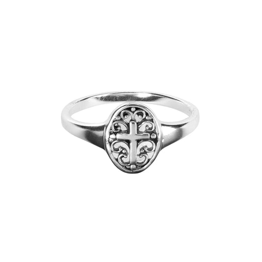 Open Filigree Oval Cross, Silver Plated