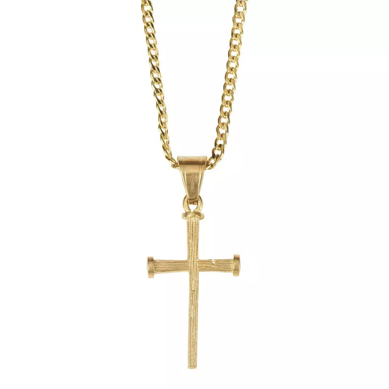 Gold Plated Stainless Steel Nail Cross Necklace, 24" Chain