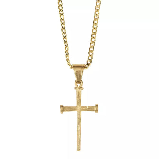 Gold Plated Stainless Steel Nail Cross Necklace, 24" Chain