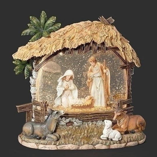 8"H. Lighted Swirl Holy Family Stable w/Animals