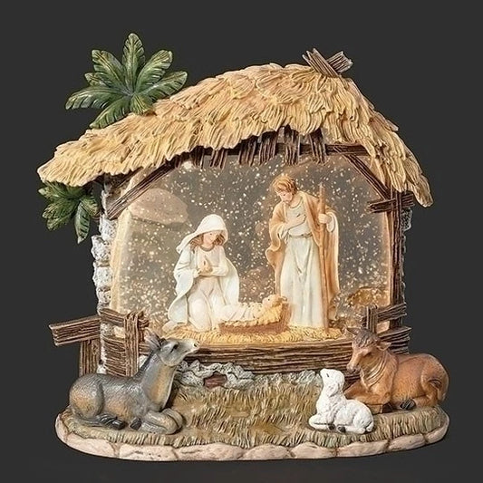 [138214] 8"H. Lighted Swirl Holy Family Stable w/Animals