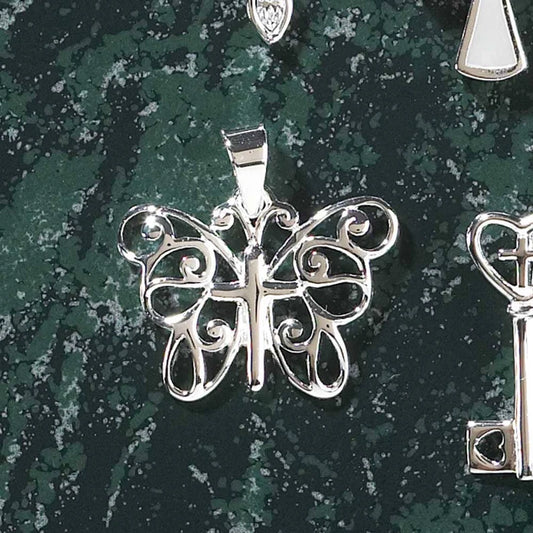 Butterfly With Silver Cross Necklace, 18" Chain