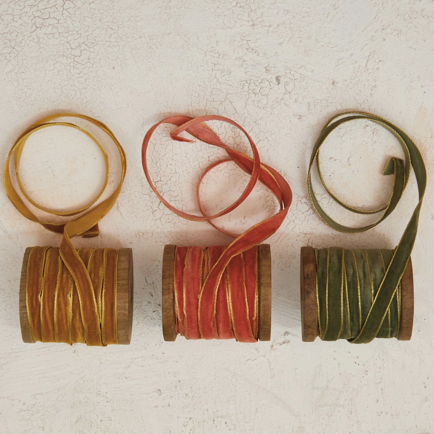 10 Yard Velvet Ribbon w/ Metallic Edges on Wood Spool, 3 Colors