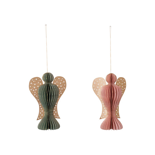 Recycled Paper Folding Honeycomb Angel Ornament w/ Star Cut-Outs, 2 Colors